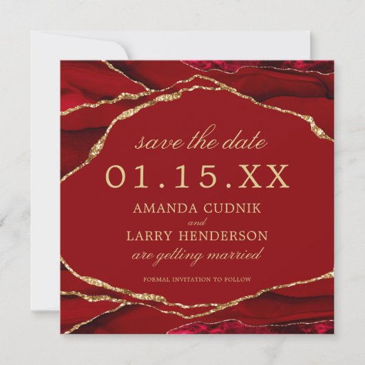 Rode en Gouden Agate Save The Date Kaart (Voorkant)