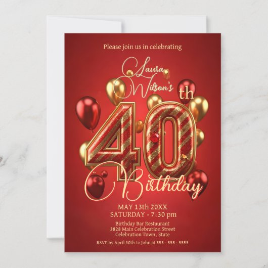 Rode en gouden ballonnen 40e verjaardag kaart (Voorkant)