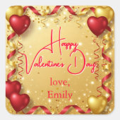 Rode en Gouden Ballonnen Gelukkige Valentijnsdag Vierkante Sticker (Voorkant)