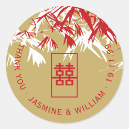 Rode en gouden bamboe Leaves Shuang Xi Chinese bru Ronde Sticker