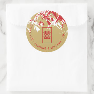 Rode en gouden bamboe Leaves Shuang Xi Chinese bru Ronde Sticker