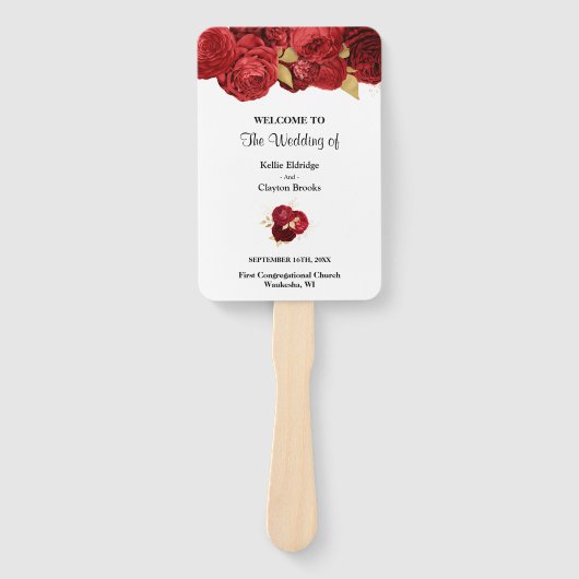 Rode En Gouden Bloem Bruiloftsprogramma Handventil Handwaaier (Voorkant)