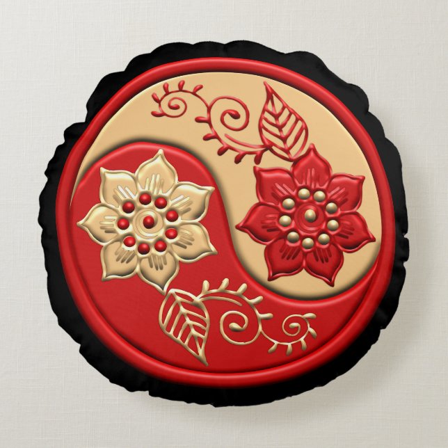 Rode en Gouden Bloem Yin Yang Rond Kussen (Voorkant)