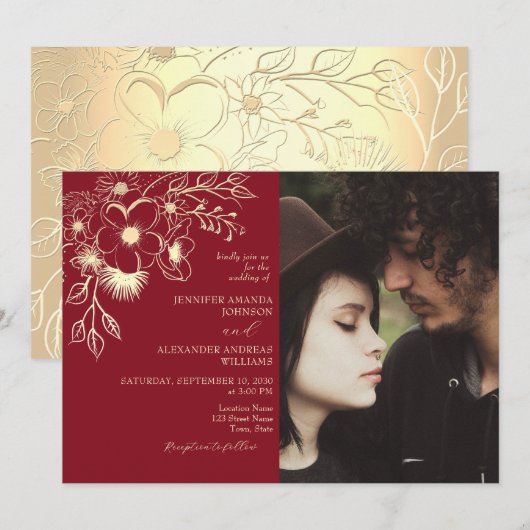 Rode en gouden bloemen bruiloft foto uitnodiging (Voorkant / Achterkant)