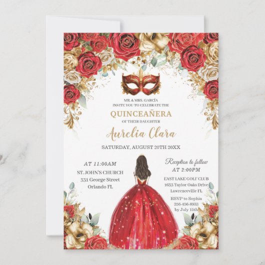 Rode en gouden bloemen Masquerade Ball Quinceañera Kaart (Voorkant)