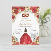 Rode en gouden bloemen Masquerade Ball Quinceañera Kaart (Staand voorkant)