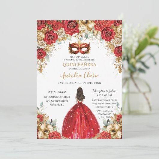 Rode en gouden bloemen Masquerade Ball Quinceañera Kaart (Staand voorkant)
