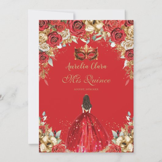 Rode en gouden bloemen Masquerade Ball Quinceañera Kaart (Achterkant)