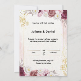 Rode en gouden bloemige trouwuitnodiging kaart