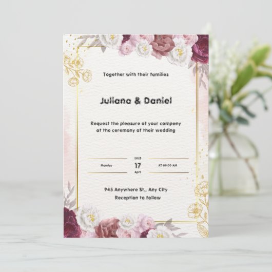 Rode en gouden bloemige trouwuitnodiging kaart (Staand voorkant)