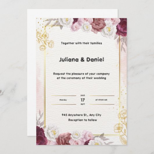 Rode en gouden bloemige trouwuitnodiging kaart (Voorkant / Achterkant)