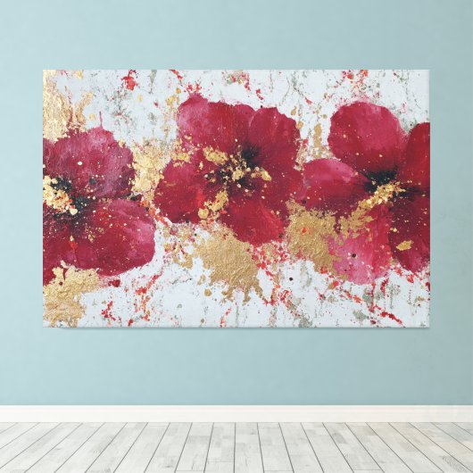 Rode en Gouden Bloesem Abstracte Wandkunst Canvas Afdruk (Insitu (Houten vloer))