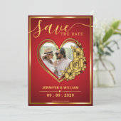 Rode en gouden bruiloft thema foto in hart en nier save the date (Staand voorkant)