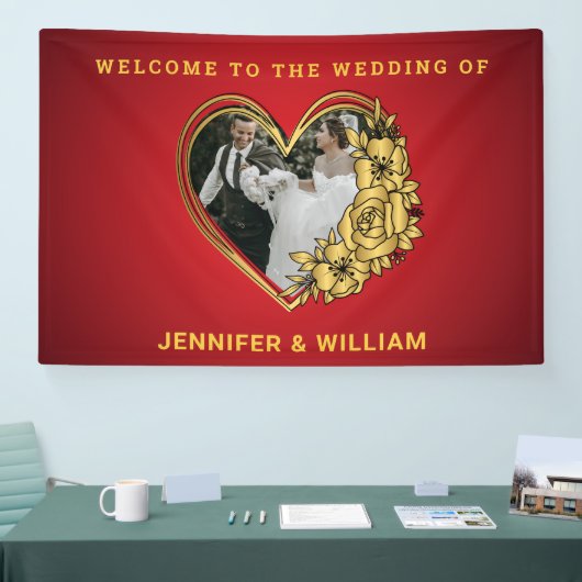 Rode en gouden bruiloft thema foto in hartvormige spandoek (Beurs)
