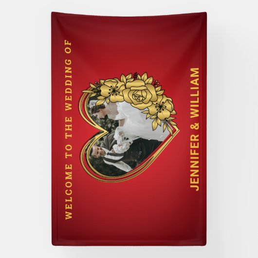 Rode en gouden bruiloft thema foto in hartvormige spandoek (Verticaal)