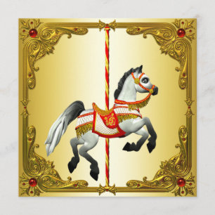 Rode en Gouden Carrousel Paard Verjaardagsfeestje Kaart