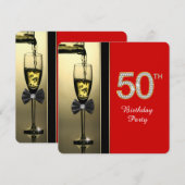 Rode en gouden champagne rode 50ste verjaardag kaart (Voorkant / Achterkant)