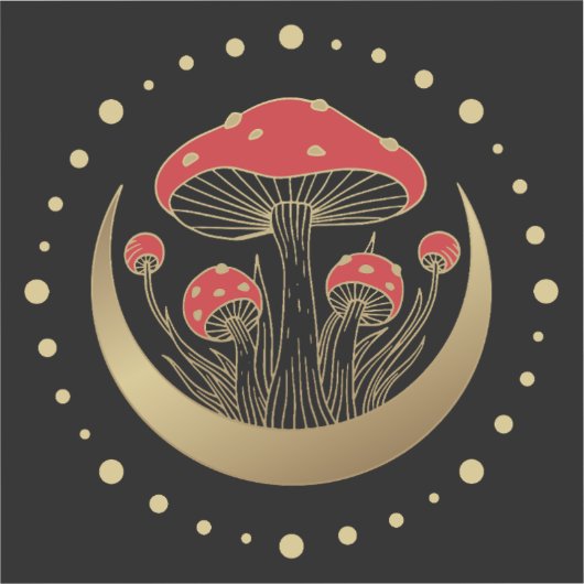 Rode en gouden champignons met halve maan op zwart sticker (Voorkant)