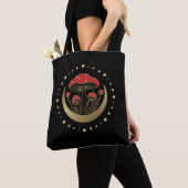 Rode en gouden champignons met halve maan op zwart tote bag (Dichtbij)