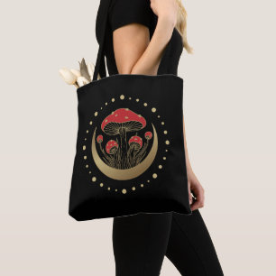 Rode en gouden champignons met halve maan op zwart tote bag