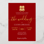 Rode en gouden Chinese bruiloft Folie Uitnodiging (Voorkant)