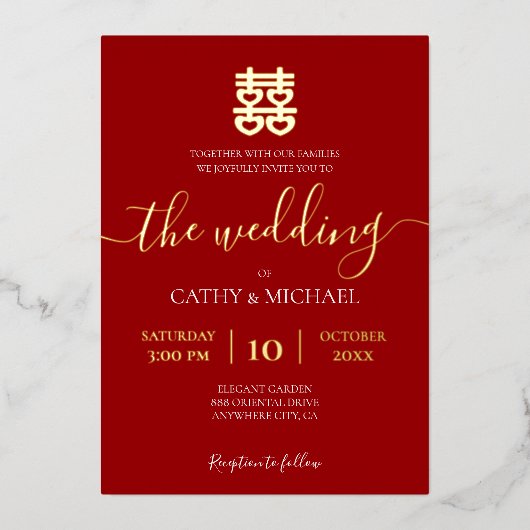 Rode en gouden  Chinese bruiloft Folie Uitnodiging (Voorkant)