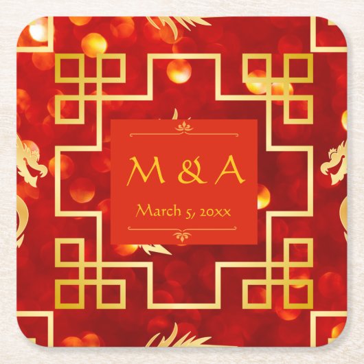 Rode en gouden draken bruiloft kartonnen onderzetters (Voorkant)