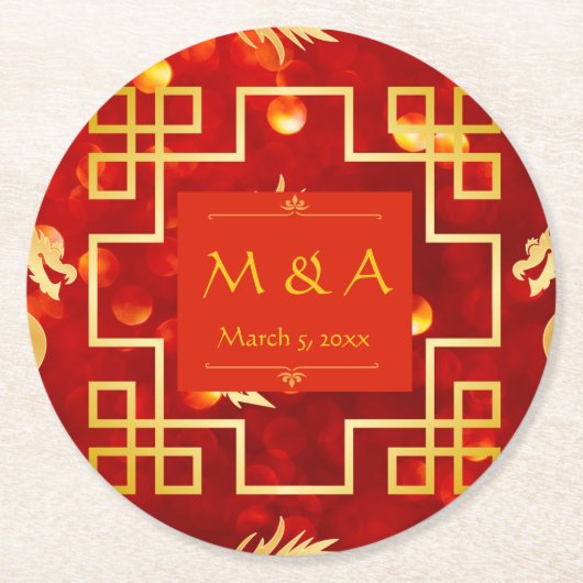 Rode en gouden draken bruiloft ronde kartonnen onderzetter (Voorkant)