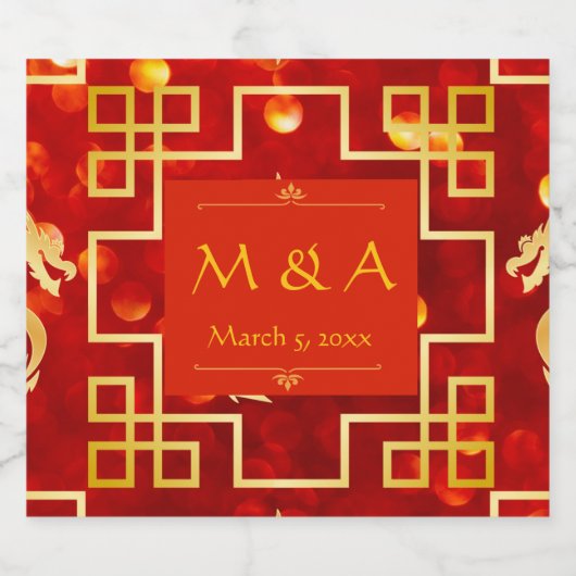 Rode en gouden draken bruiloft sparkling wijnetiket (Enkel label)