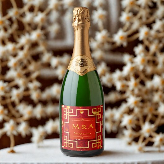 Rode en gouden draken bruiloft sparkling wijnetiket