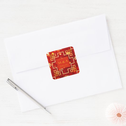 Rode en gouden draken bruiloft vierkante sticker (Envelop)