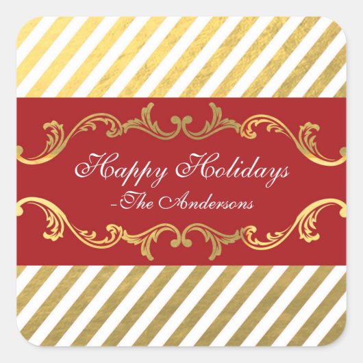 Rode en gouden gestreepte kerststickers vierkante sticker (Voorkant)