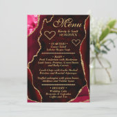 Rode en Gouden Glitter Agate Marmer Trouwfeest Menu (Staand voorkant)