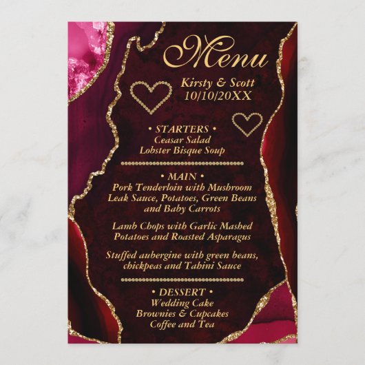 Rode en Gouden Glitter Agate Marmer Trouwfeest Menu (Voorkant)