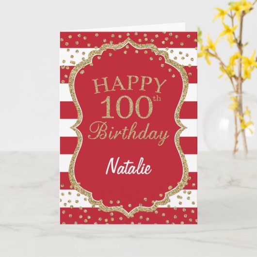 Rode en gouden glitter Confetti 100ste verjaardag Kaart (Gele Bloem)