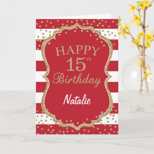 Rode en gouden glitter Confetti 15e verjaardag Kaa Kaart (Gele Bloem)
