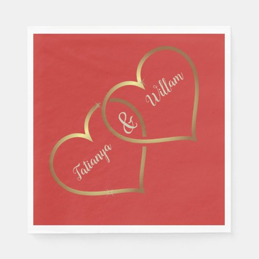 Rode en gouden harten bruiloft papieren servetten (Voorkant)
