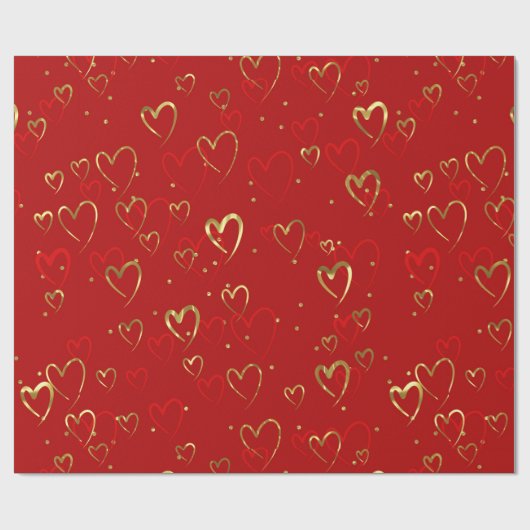 Rode en gouden harten op rood Valentijns Pattern Cadeaupapier (Vlak)