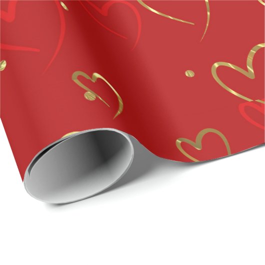 Rode en gouden harten op rood Valentijns Pattern Cadeaupapier (Rol Hoek)