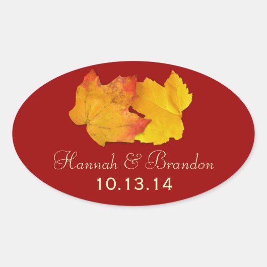 Rode en gouden herfst bladeren ovale bruiloft Stic Ovale Sticker (Voorkant)