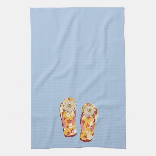 Rode en gouden hibiscus-ventilatorTeenslippers op Theedoek (Verticaal)