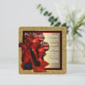 Rode en gouden hoge hakken verjaardagsfeestje kaart (Staand voorkant)