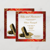 Rode en gouden hoge hakken vrouwen 50e verjaardag kaart (Voorkant / Achterkant)