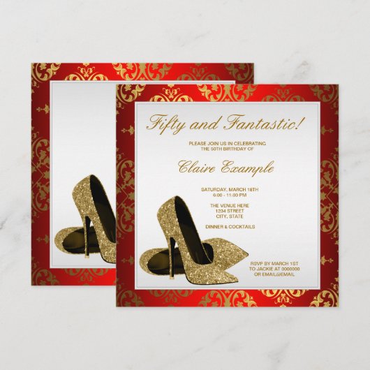 Rode en gouden hoge hakken vrouwen 50e verjaardag kaart (Voorkant / Achterkant)
