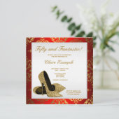 Rode en gouden hoge hakken vrouwen 50e verjaardag kaart (Staand voorkant)