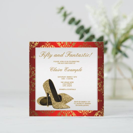 Rode en gouden hoge hakken vrouwen 50e verjaardag kaart (Staand voorkant)
