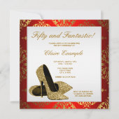 Rode en gouden hoge hakken vrouwen 50e verjaardag kaart (Voorkant)