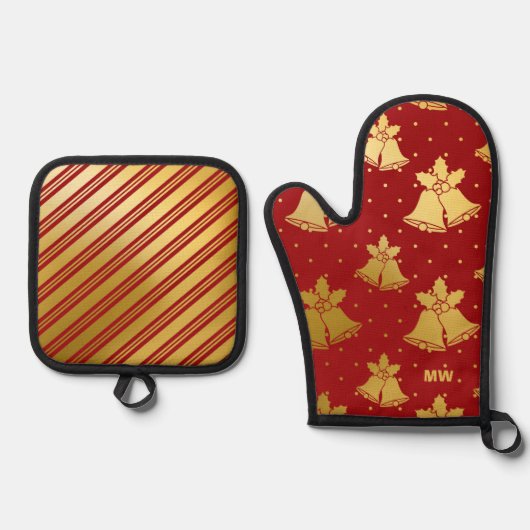 Rode en gouden kerstballen ovenwant & pannenlap set (Voorkant)