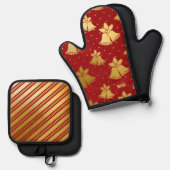 Rode en gouden kerstballen ovenwant & pannenlap set (Voorkant / Achterkant)