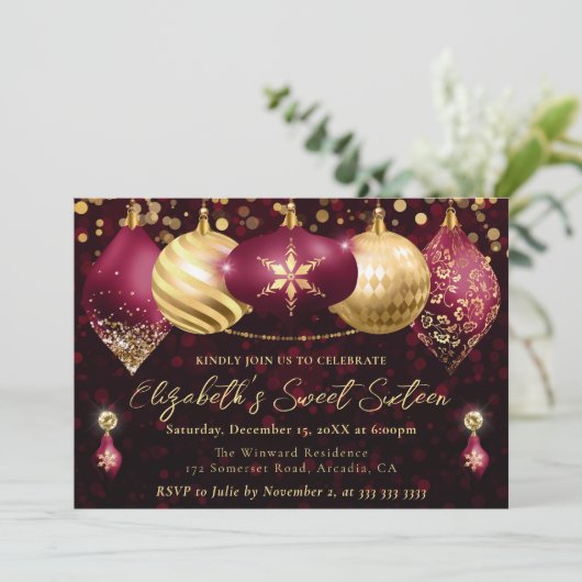 Rode en gouden kerstballen Sweet 16 Kaart (Staand voorkant)